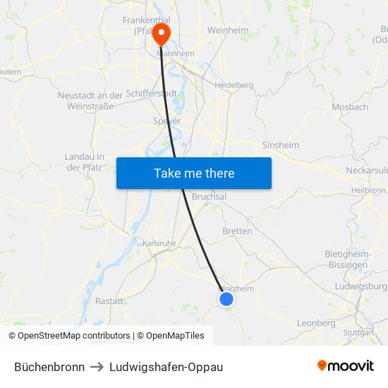 Büchenbronn to Ludwigshafen-Oppau map