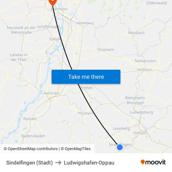 Sindelfingen (Stadt) to Ludwigshafen-Oppau map