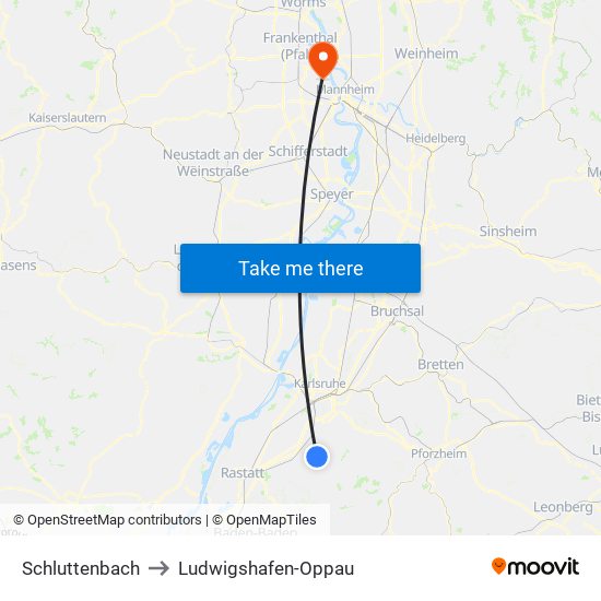 Schluttenbach to Ludwigshafen-Oppau map