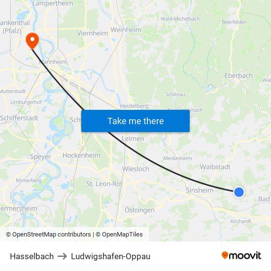 Hasselbach to Ludwigshafen-Oppau map