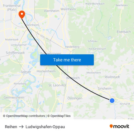 Reihen to Ludwigshafen-Oppau map