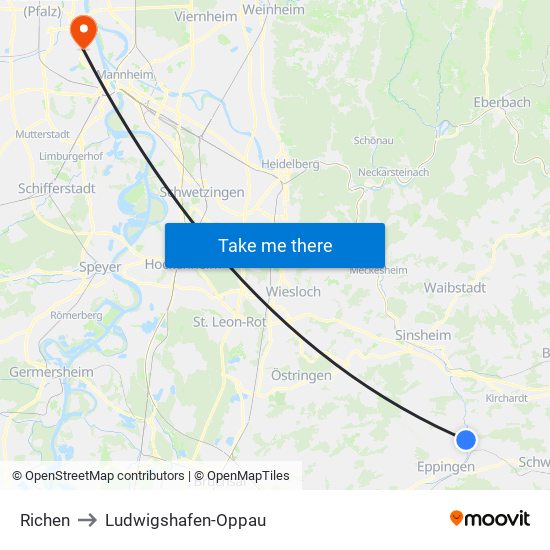 Richen to Ludwigshafen-Oppau map