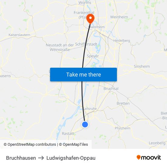 Bruchhausen to Ludwigshafen-Oppau map