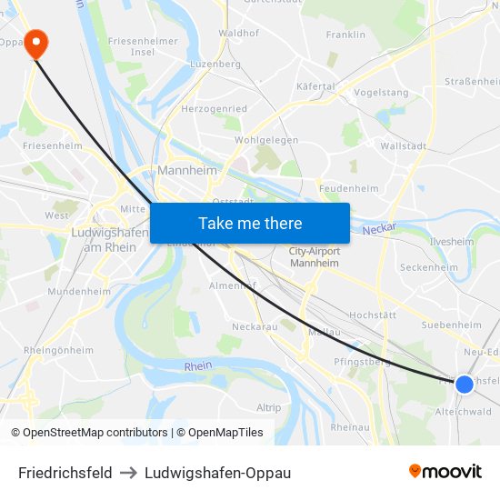 Friedrichsfeld to Ludwigshafen-Oppau map