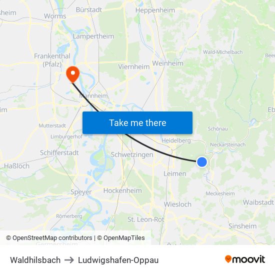 Waldhilsbach to Ludwigshafen-Oppau map