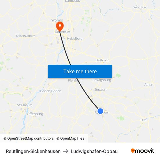 Reutlingen-Sickenhausen to Ludwigshafen-Oppau map