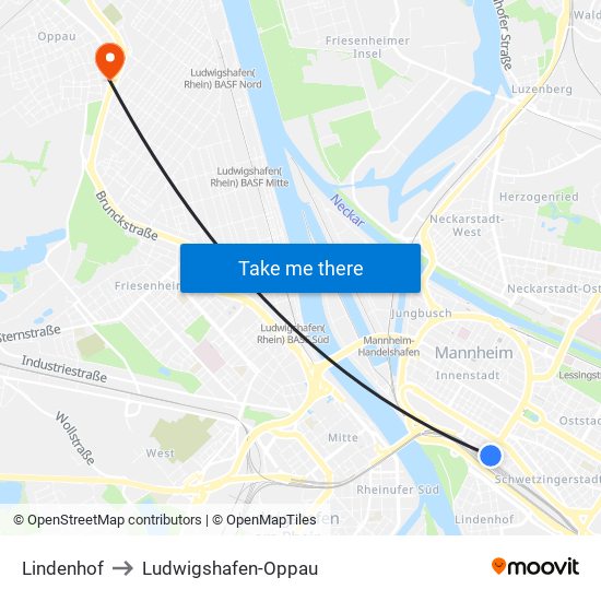 Lindenhof to Ludwigshafen-Oppau map