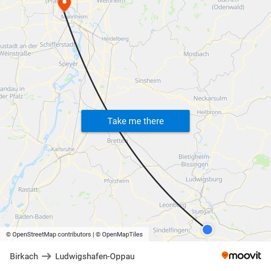 Birkach to Ludwigshafen-Oppau map