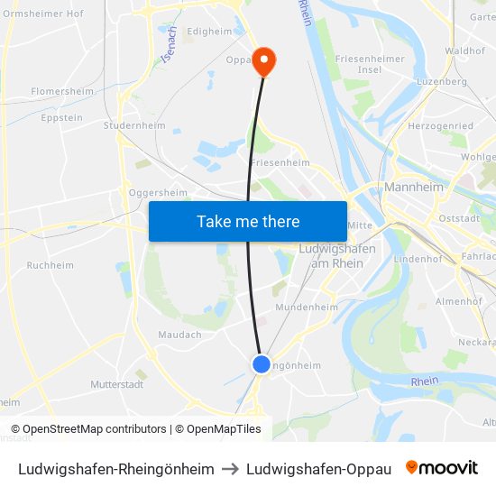 Ludwigshafen-Rheingönheim to Ludwigshafen-Oppau map