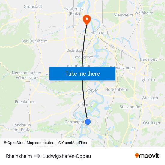 Rheinsheim to Ludwigshafen-Oppau map