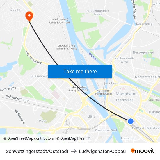 Schwetzingerstadt/Oststadt to Ludwigshafen-Oppau map