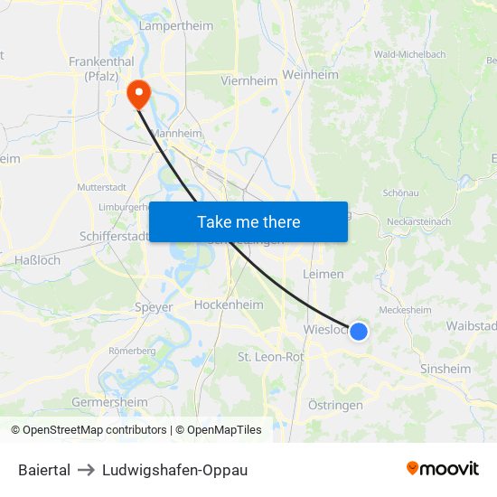 Baiertal to Ludwigshafen-Oppau map