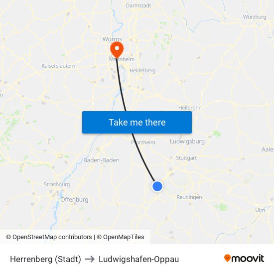 Herrenberg (Stadt) to Ludwigshafen-Oppau map