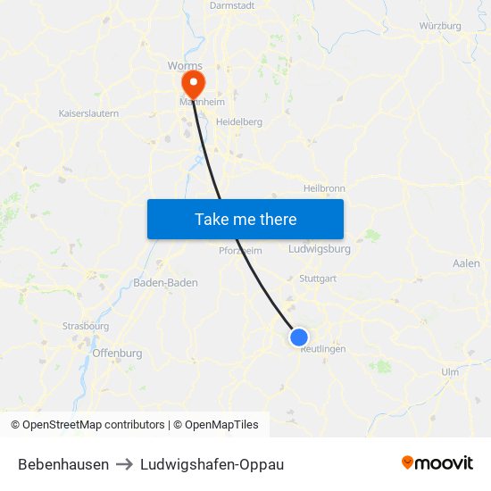 Bebenhausen to Ludwigshafen-Oppau map