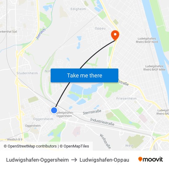 Ludwigshafen-Oggersheim to Ludwigshafen-Oppau map