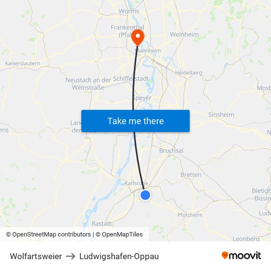 Wolfartsweier to Ludwigshafen-Oppau map