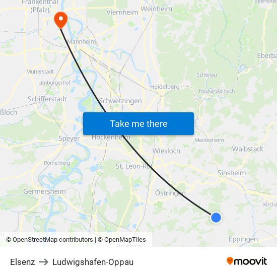 Elsenz to Ludwigshafen-Oppau map