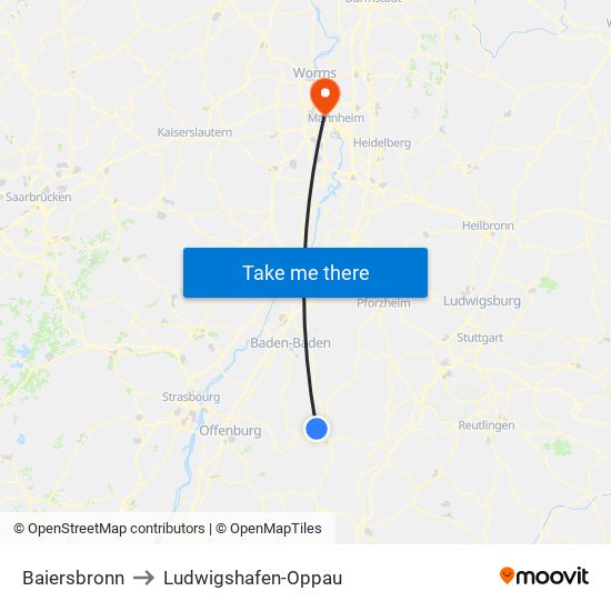 Baiersbronn to Ludwigshafen-Oppau map