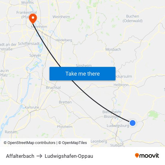 Affalterbach to Ludwigshafen-Oppau map