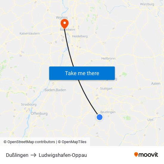 Dußlingen to Ludwigshafen-Oppau map