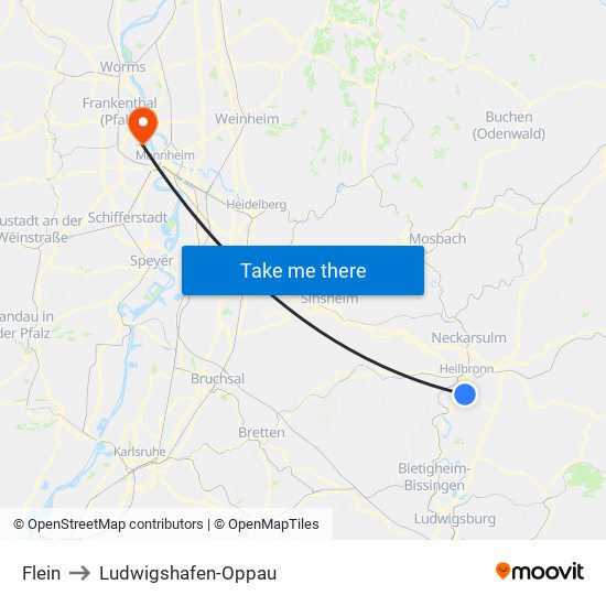 Flein to Ludwigshafen-Oppau map