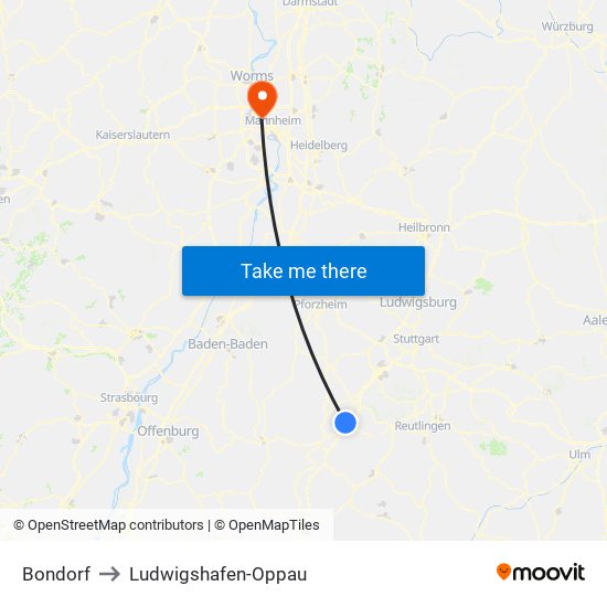 Bondorf to Ludwigshafen-Oppau map
