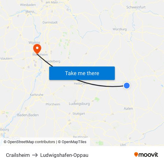 Crailsheim to Ludwigshafen-Oppau map