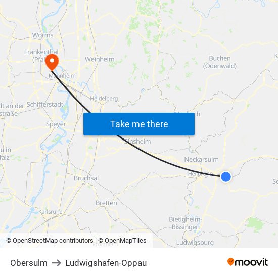 Obersulm to Ludwigshafen-Oppau map