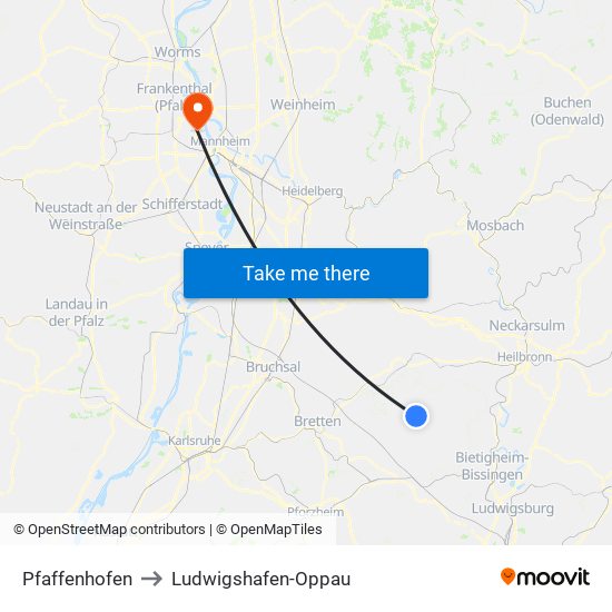 Pfaffenhofen to Ludwigshafen-Oppau map