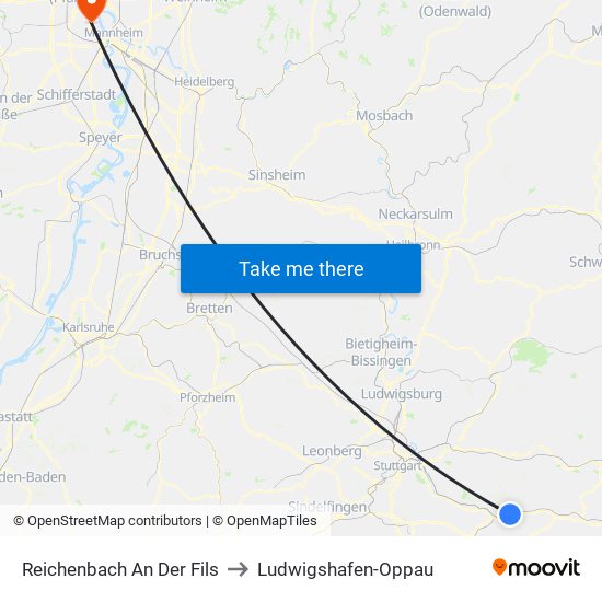 Reichenbach An Der Fils to Ludwigshafen-Oppau map