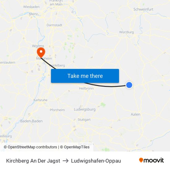 Kirchberg An Der Jagst to Ludwigshafen-Oppau map