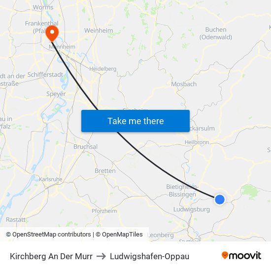 Kirchberg An Der Murr to Ludwigshafen-Oppau map