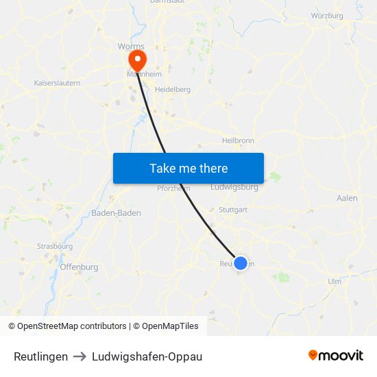 Reutlingen to Ludwigshafen-Oppau map