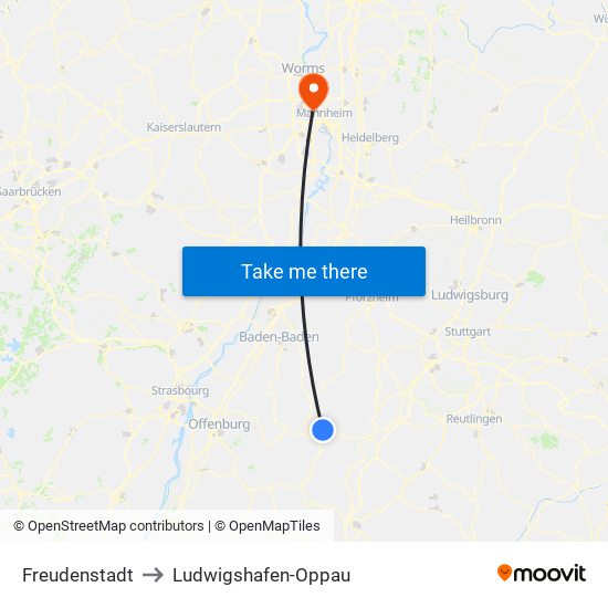 Freudenstadt to Ludwigshafen-Oppau map