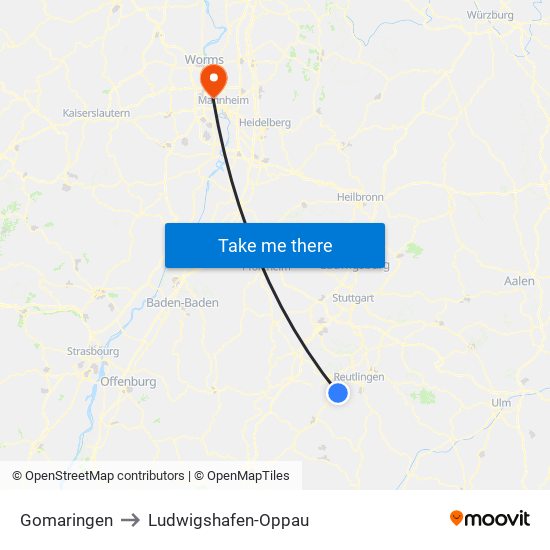 Gomaringen to Ludwigshafen-Oppau map