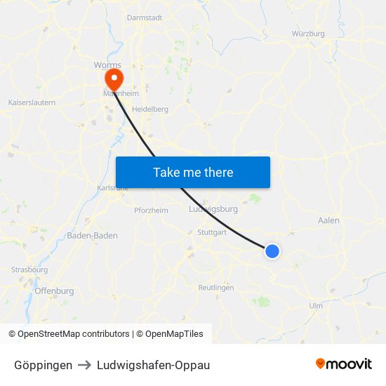 Göppingen to Ludwigshafen-Oppau map