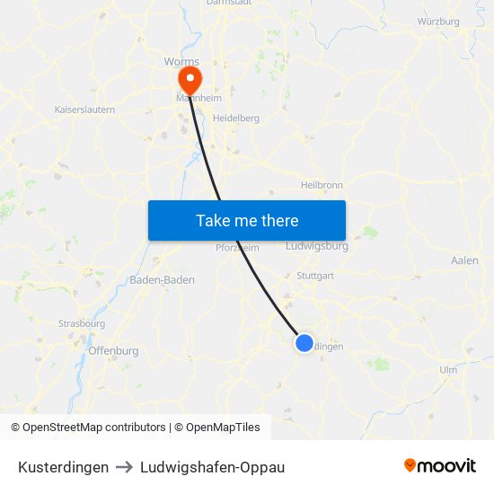 Kusterdingen to Ludwigshafen-Oppau map