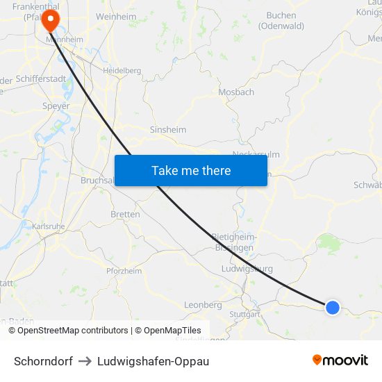 Schorndorf to Ludwigshafen-Oppau map