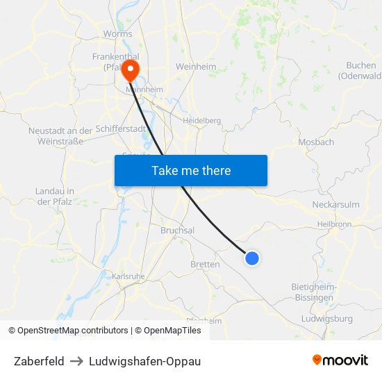 Zaberfeld to Ludwigshafen-Oppau map