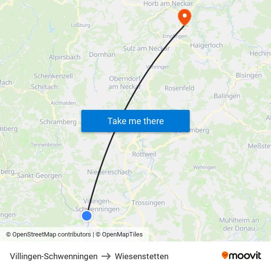 Villingen-Schwenningen to Wiesenstetten map