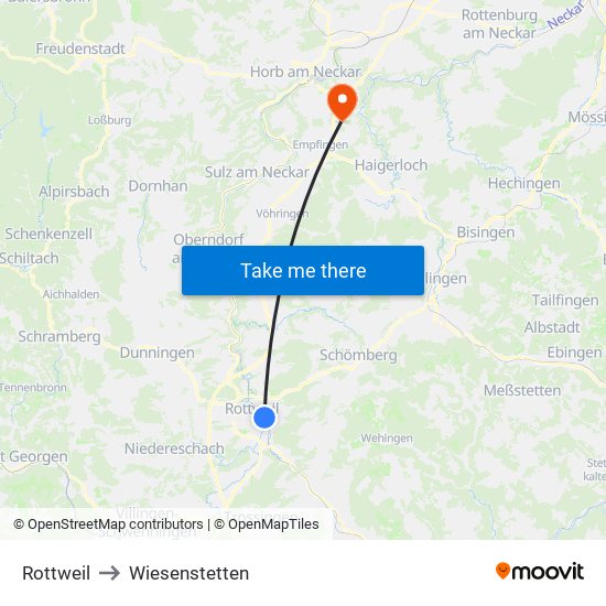 Rottweil to Wiesenstetten map