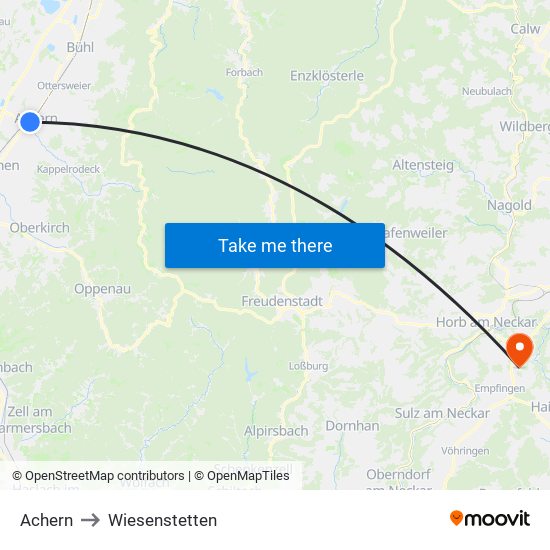 Achern to Wiesenstetten map