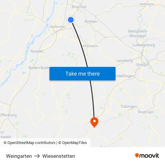 Weingarten to Wiesenstetten map