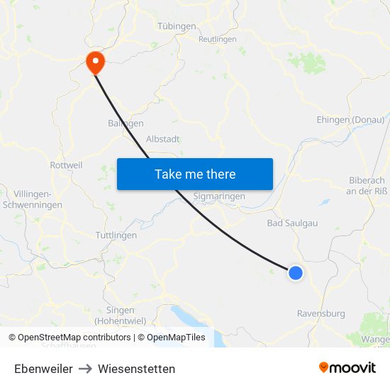 Ebenweiler to Wiesenstetten map