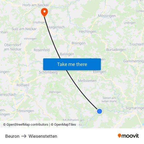 Beuron to Wiesenstetten map