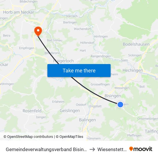 Gemeindeverwaltungsverband Bisingen to Wiesenstetten map