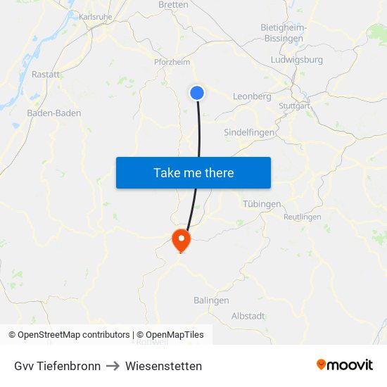 Gvv Tiefenbronn to Wiesenstetten map