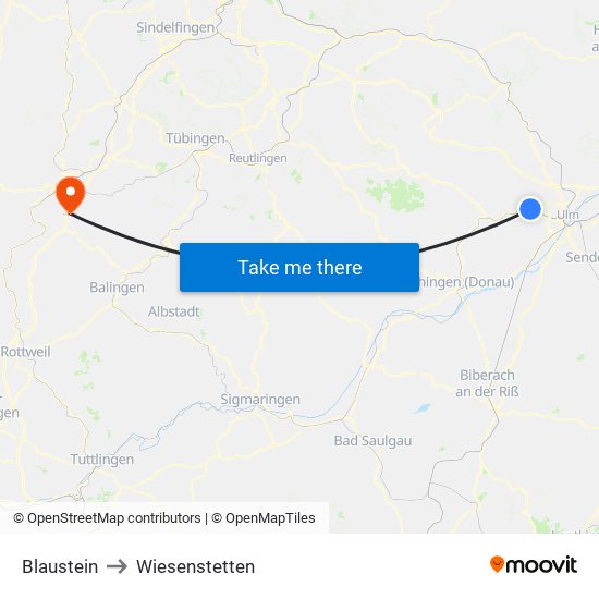 Blaustein to Wiesenstetten map