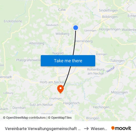Vereinbarte Verwaltungsgemeinschaft Der Stadt Herrenberg to Wiesenstetten map