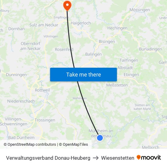 Verwaltungsverband Donau-Heuberg to Wiesenstetten map
